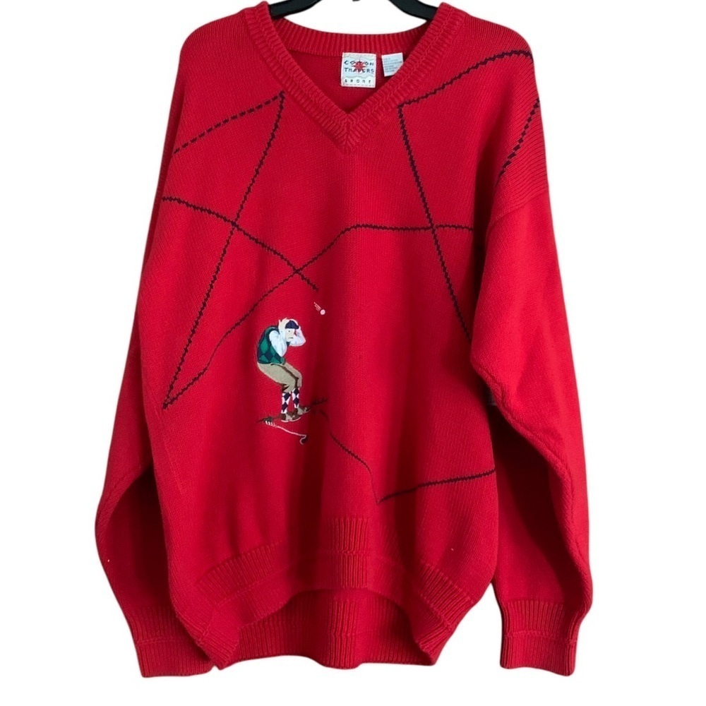 Vintage Men’s Cotton Traders Sport Funny Golf V Neck Novelty Sweater Red Sz L